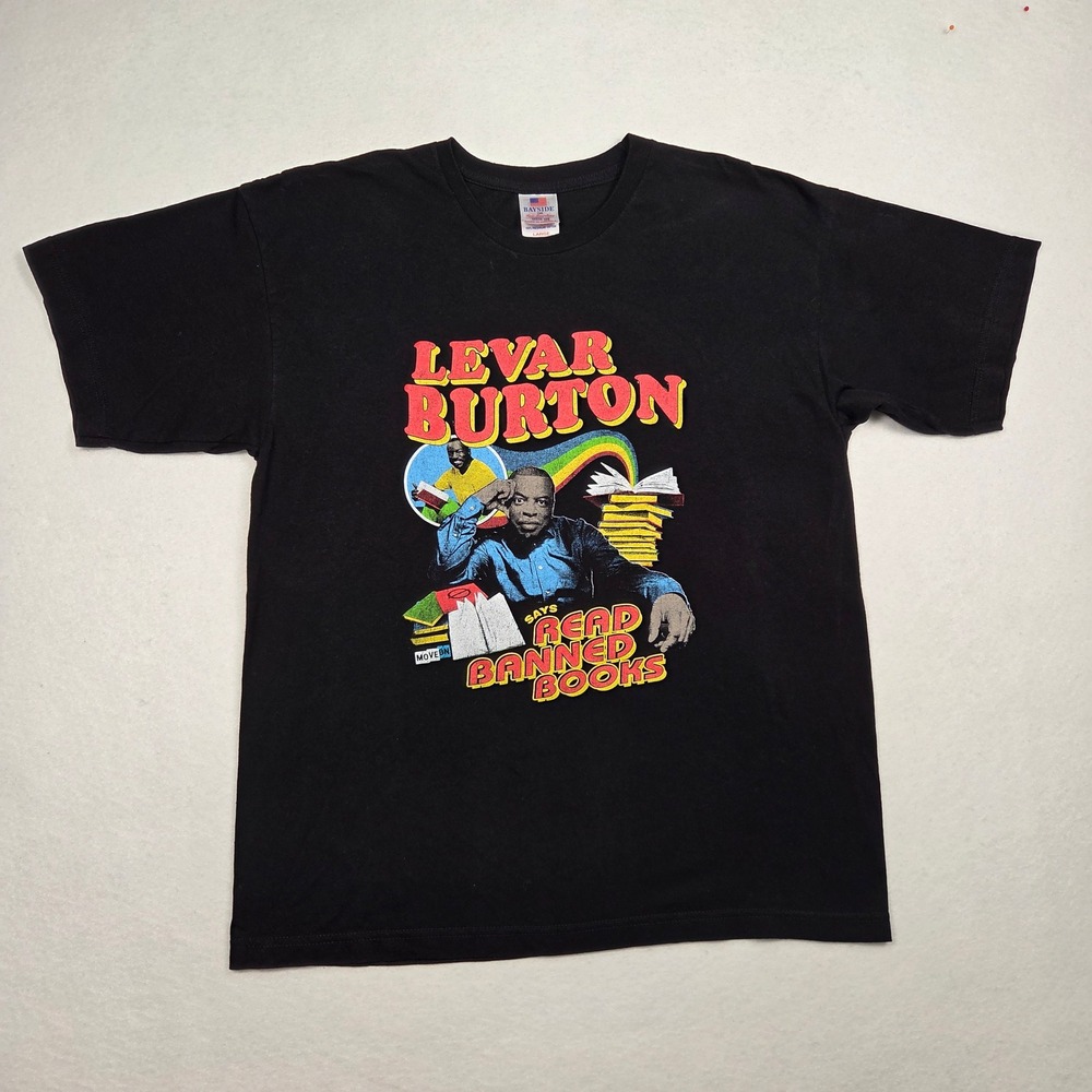 Vtg Reading Rainbow Bayside LeVar Burton Read Banned Books Mens L Black Tee USA